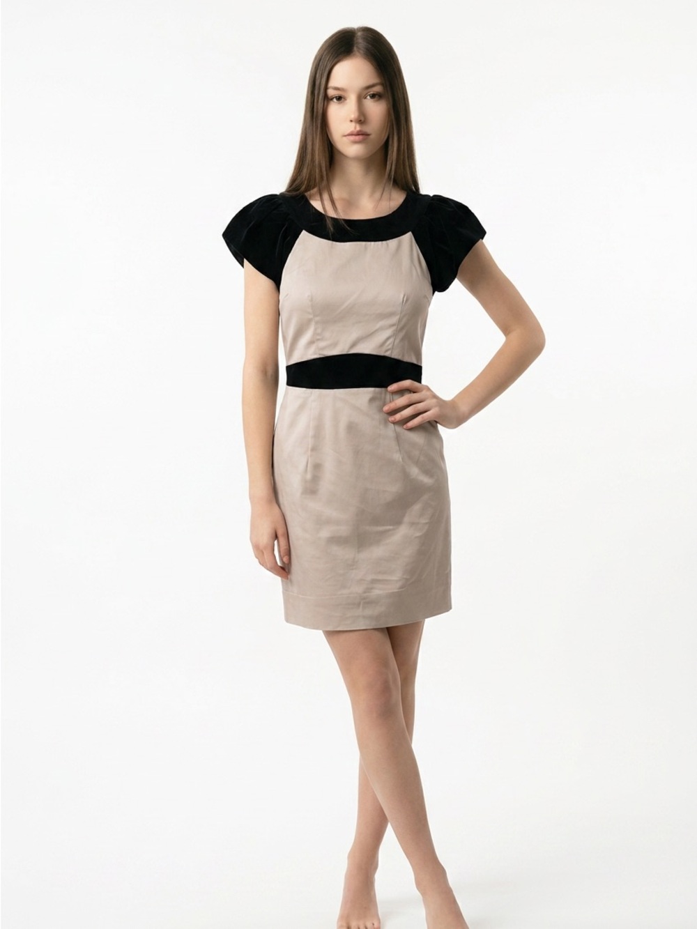 French Connection Black and Beige Cap-Sleeve Shift Dress